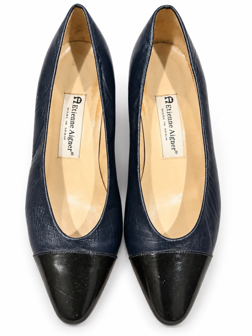 Etienne Aigner Navy Leather Pumps with Black Patent Cap Toe